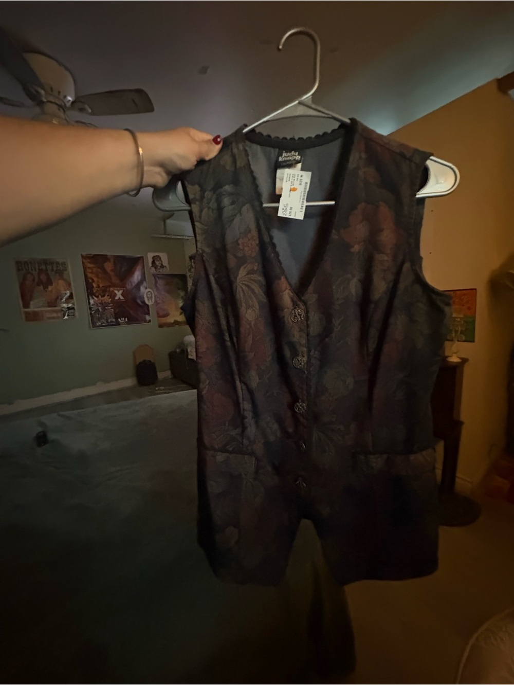Judy Knapp Black Floral Brocade Vest with Floral steel buttons Jacket -